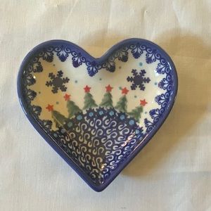 Polish Pottery Heart Dish in Christmas Pattern